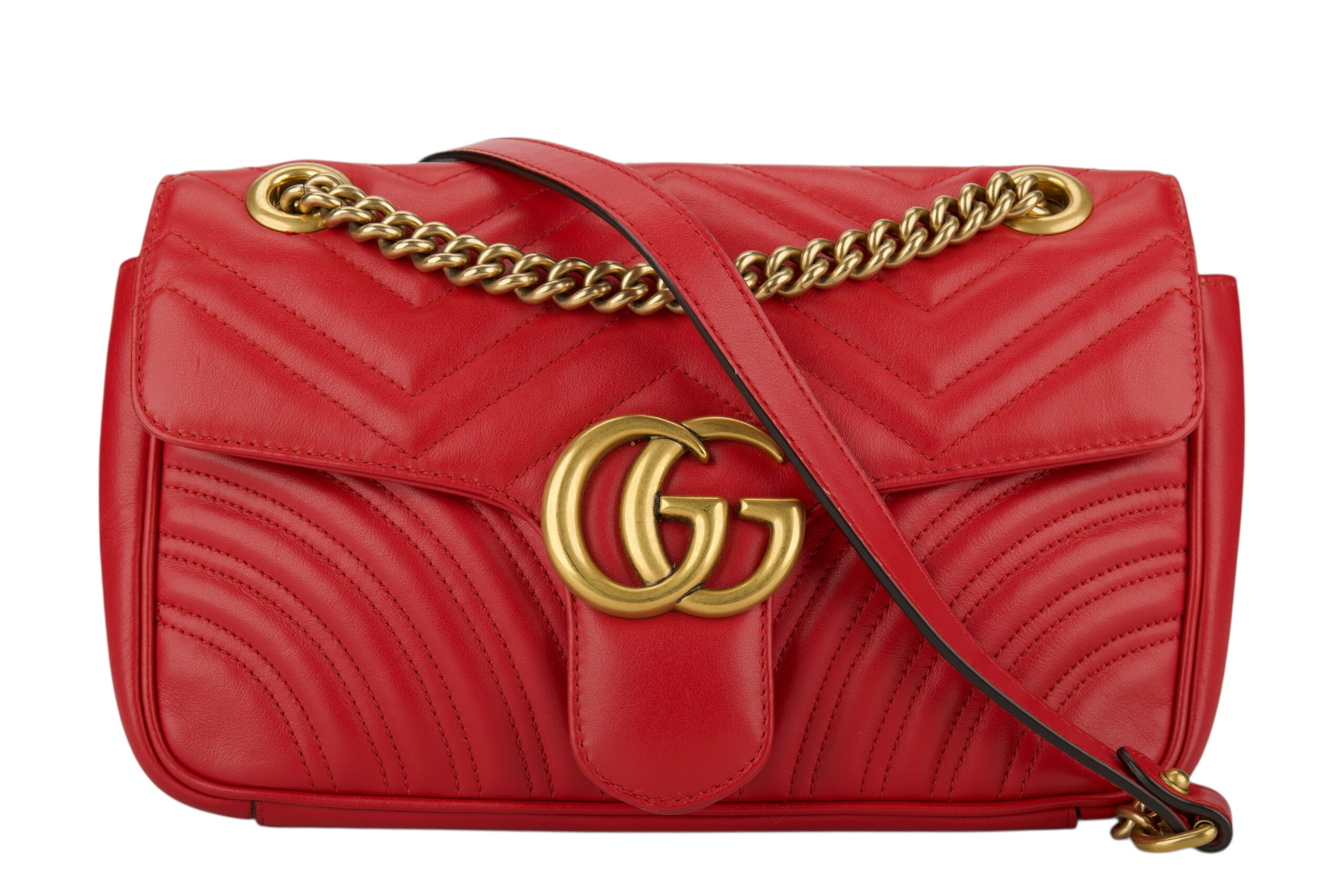 0786. Gucci Marmont GG Shoulder Bag, Red Leather , Gold Hardware1