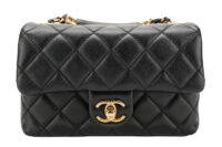 0855. Chanel Mini Square Classic Flap bag, Black Quilted leather, Gold Hardware1