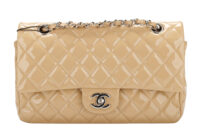 0927. Chanel Classic Patent Double Flap Beige Bag, Gold Hardware1