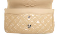0927. Chanel Classic Patent Double Flap Beige Bag, Gold Hardware14