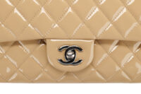 0927. Chanel Classic Patent Double Flap Beige Bag, Gold Hardware5