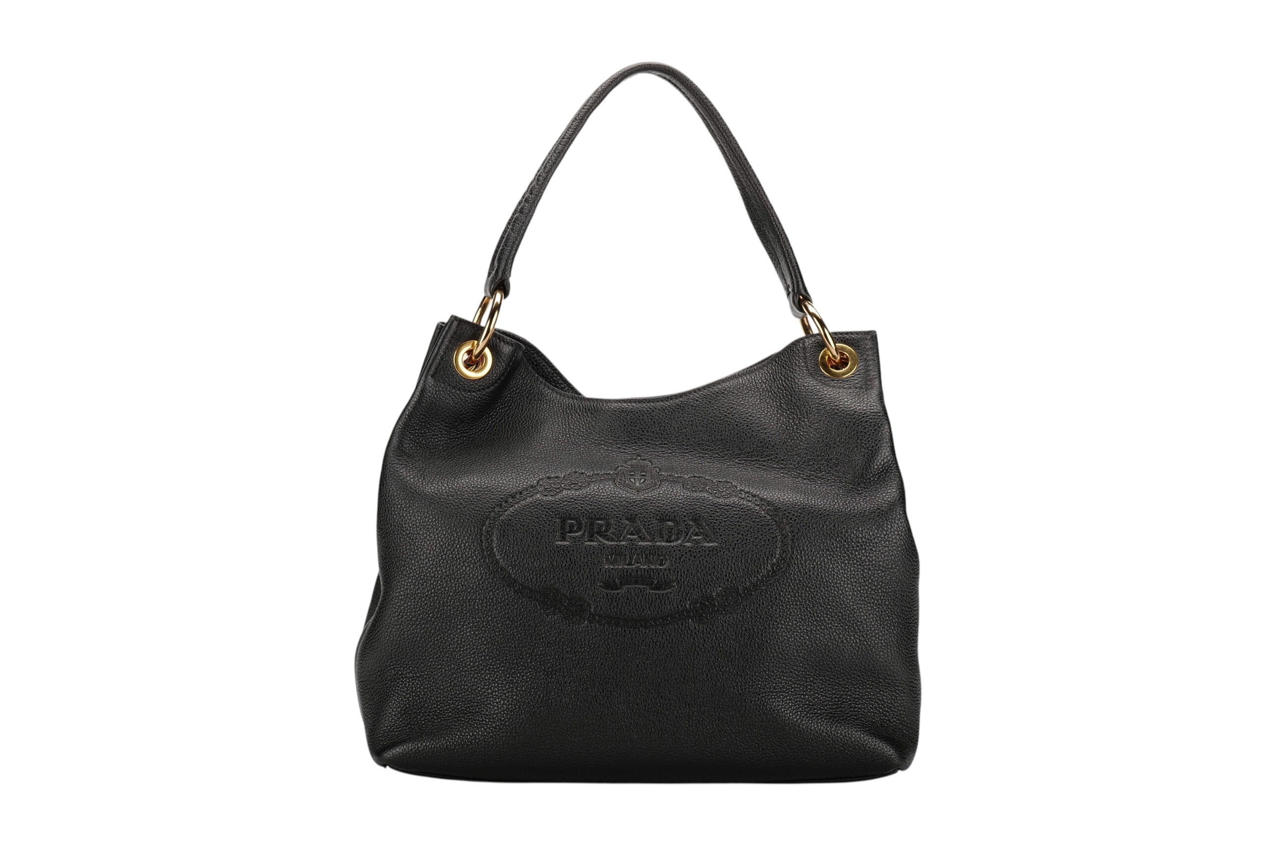 0972. Prada Vitello Daino Tote Black Hobo, Gold Hardware1