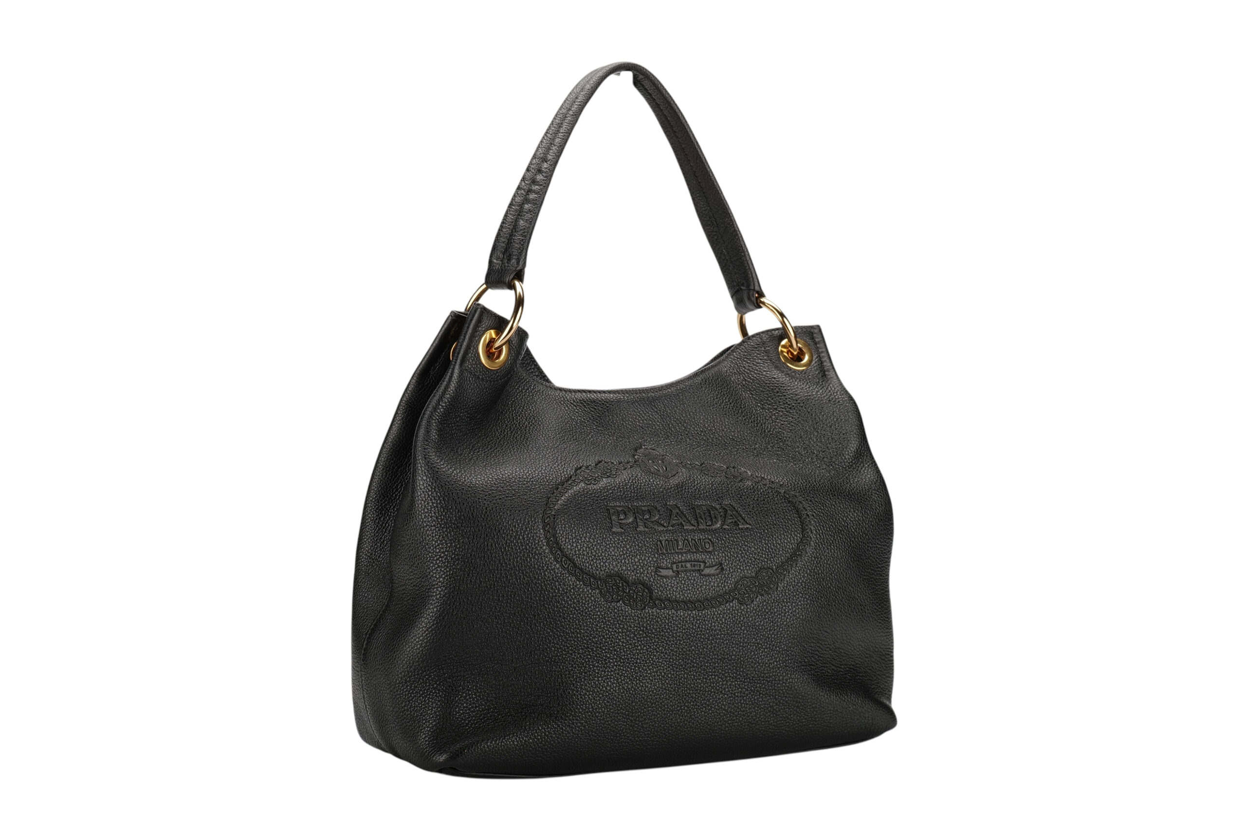 0972. Prada Vitello Daino Tote Black Hobo, Gold Hardware3