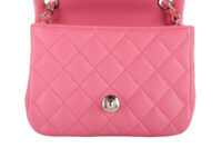 0980. Chanel Mini Square Classic Flap Pink Lambskin Leather, Silver Hardware11