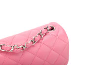0980. Chanel Mini Square Classic Flap Pink Lambskin Leather, Silver Hardware9