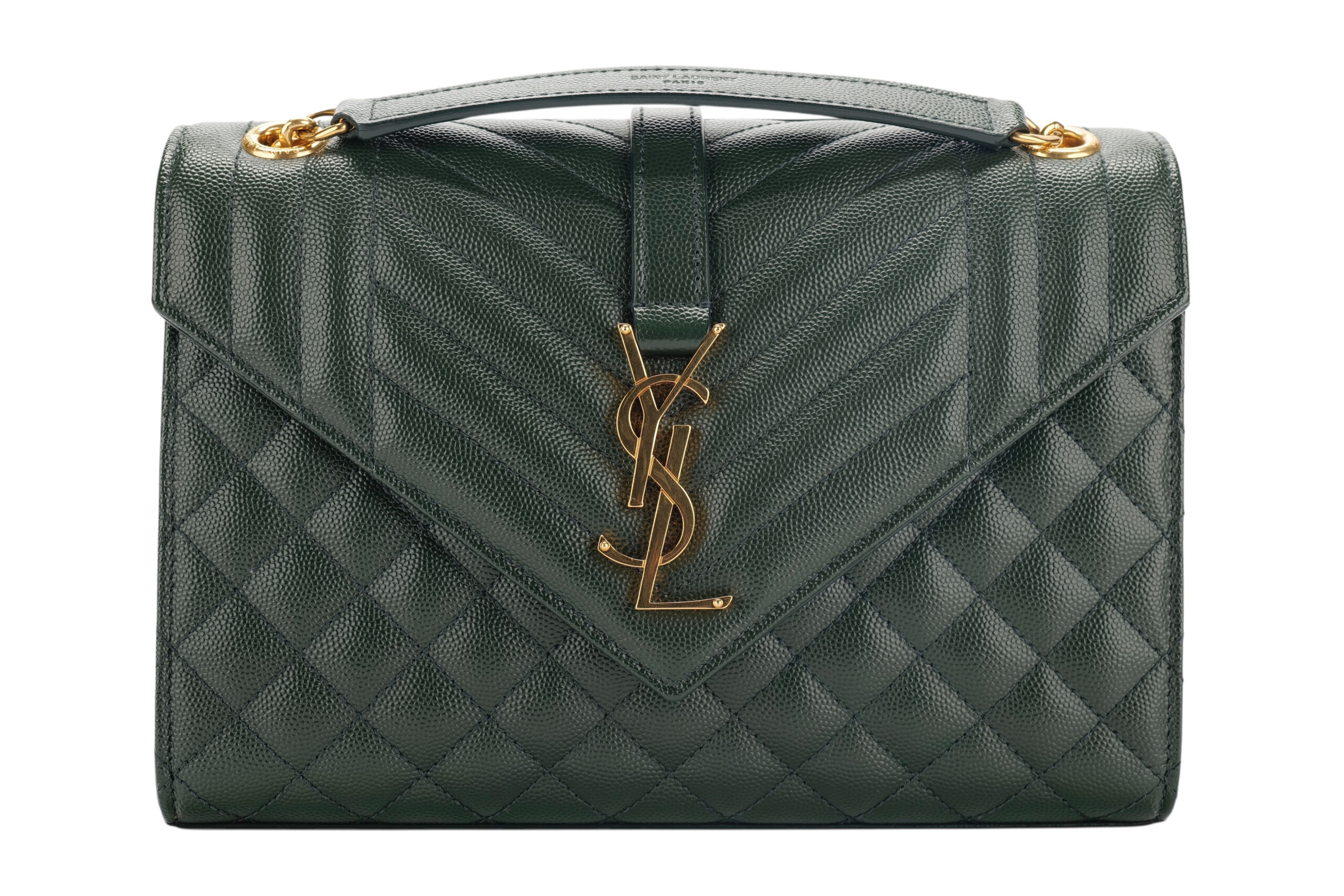 0986. Saint Laurent Medium Envelope Flap Grain De Poudre Green Matelasse Leather, Gold Hardware1