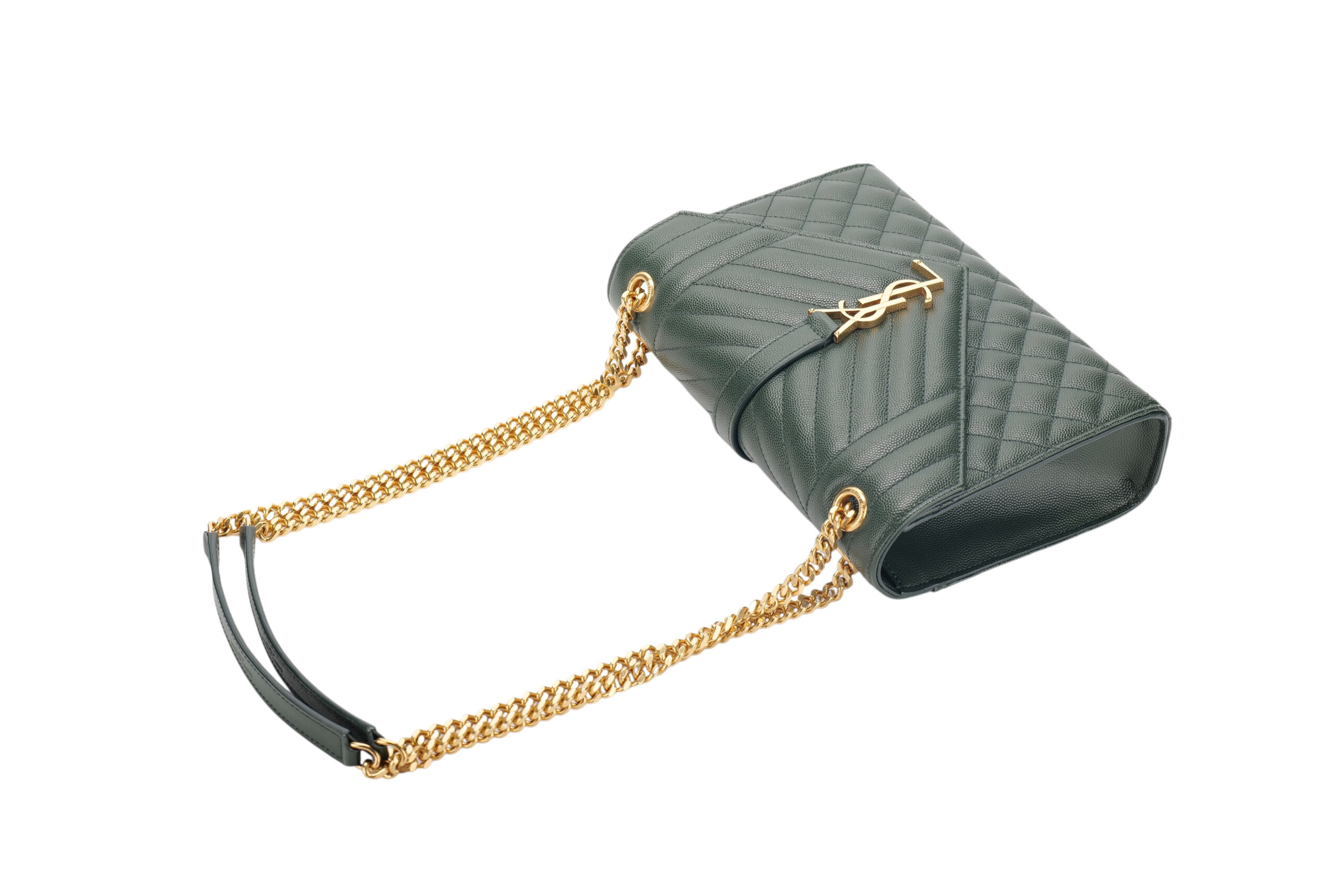 0986. Saint Laurent Medium Envelope Flap Grain De Poudre Green Matelasse Leather, Gold Hardware11