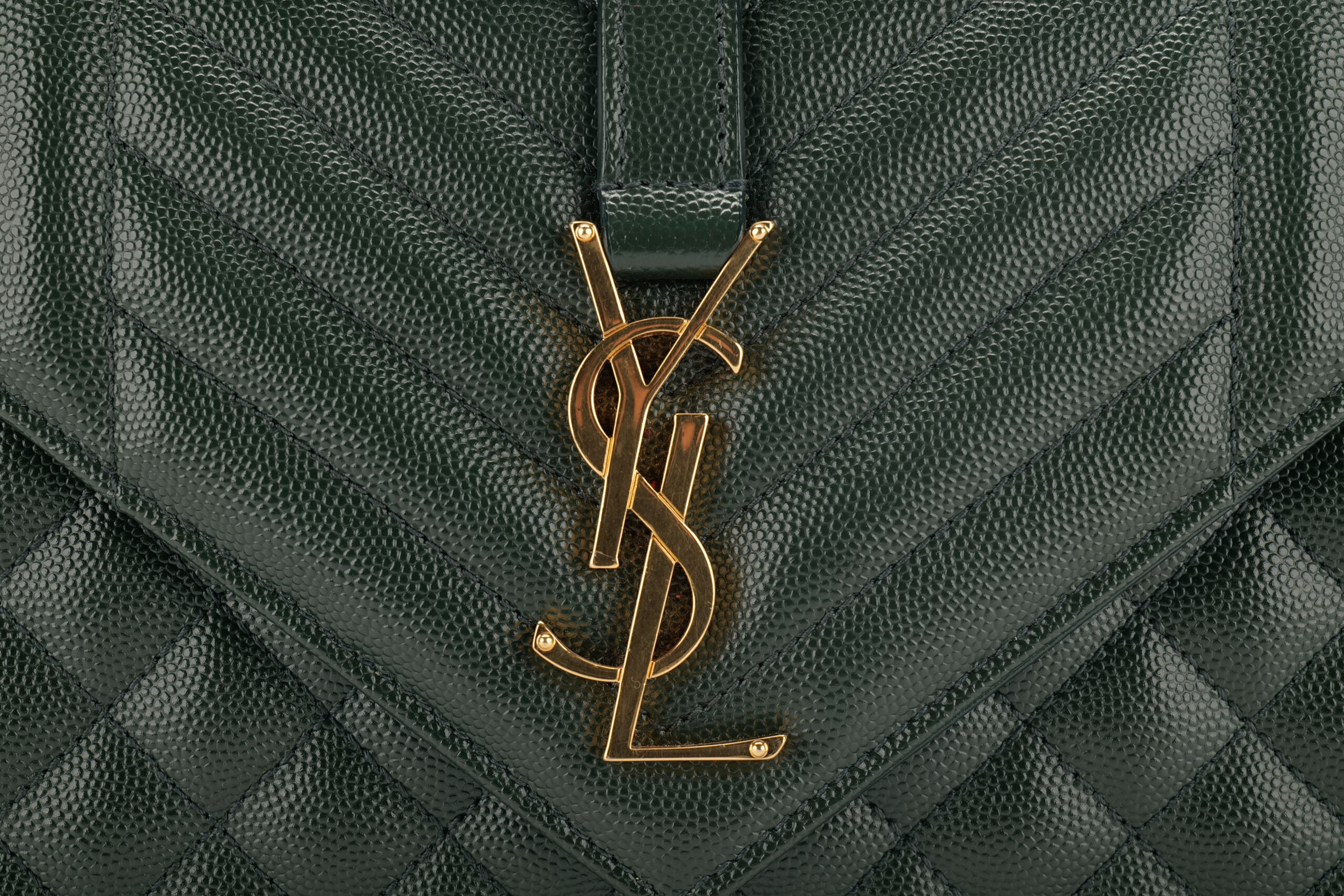 0986. Saint Laurent Medium Envelope Flap Grain De Poudre Green Matelasse Leather, Gold Hardware15