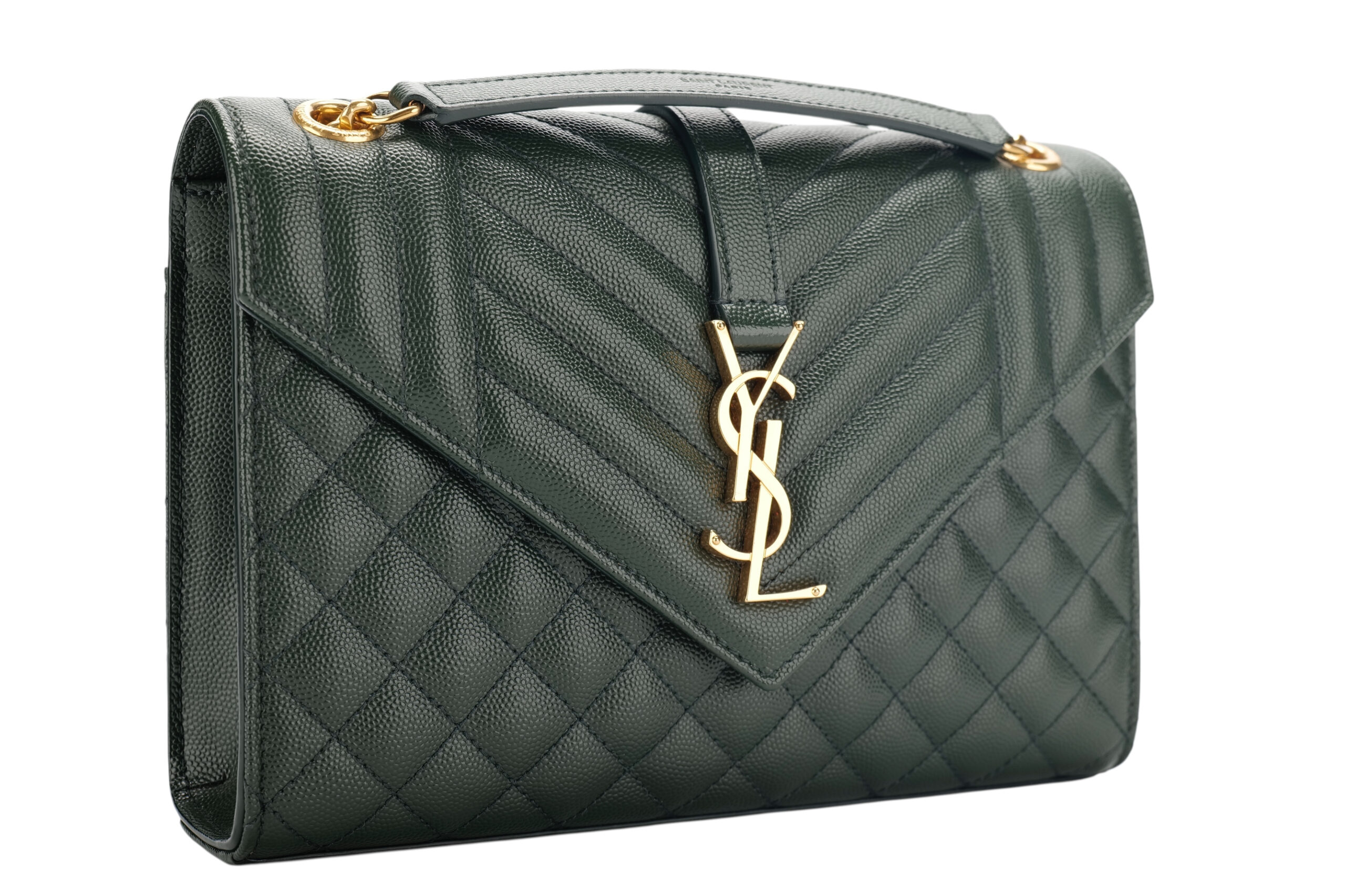 0986. Saint Laurent Medium Envelope Flap Grain De Poudre Green Matelasse Leather, Gold Hardware2