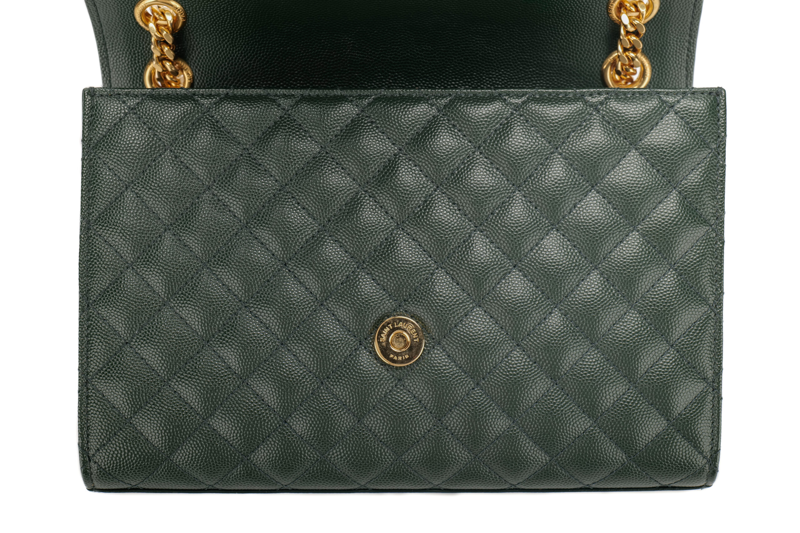 0986. Saint Laurent Medium Envelope Flap Grain De Poudre Green Matelasse Leather, Gold Hardware6